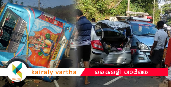 ശ​ബ​രി​മ​ല തീ​ർ​ഥാ​ട​ക​രു​ടെ ബസ് മ​റി​ഞ്ഞ് 7 പേ​ർ​ക്ക് പ​രി​ക്ക്; ​ഫയ​ർ​ ഫോ​ഴ്സ് വാ​ഹ​നം ഇ​ടി​ച്ച് 2 വാ​ഹ​ന​ങ്ങ​ൾ ത​ക​ർ​ന്നു