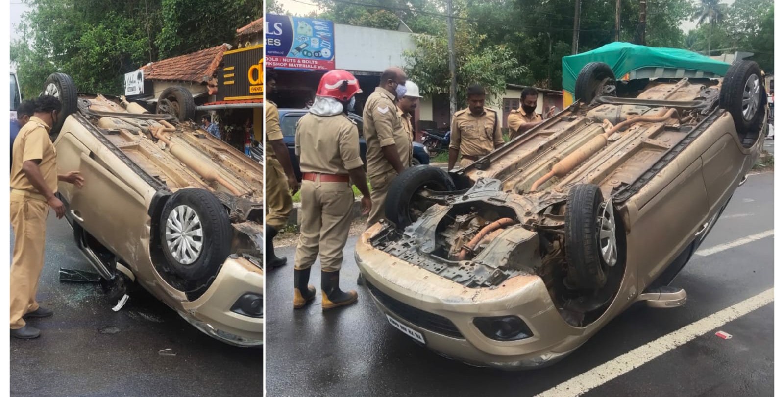 കാർ ഡിവൈഡറിൽ ഇടിച്ചു മറിഞ്ഞു; ഡ്രൈവർ അത്ഭുതകരമായി രക്ഷപ്പെട്ടു